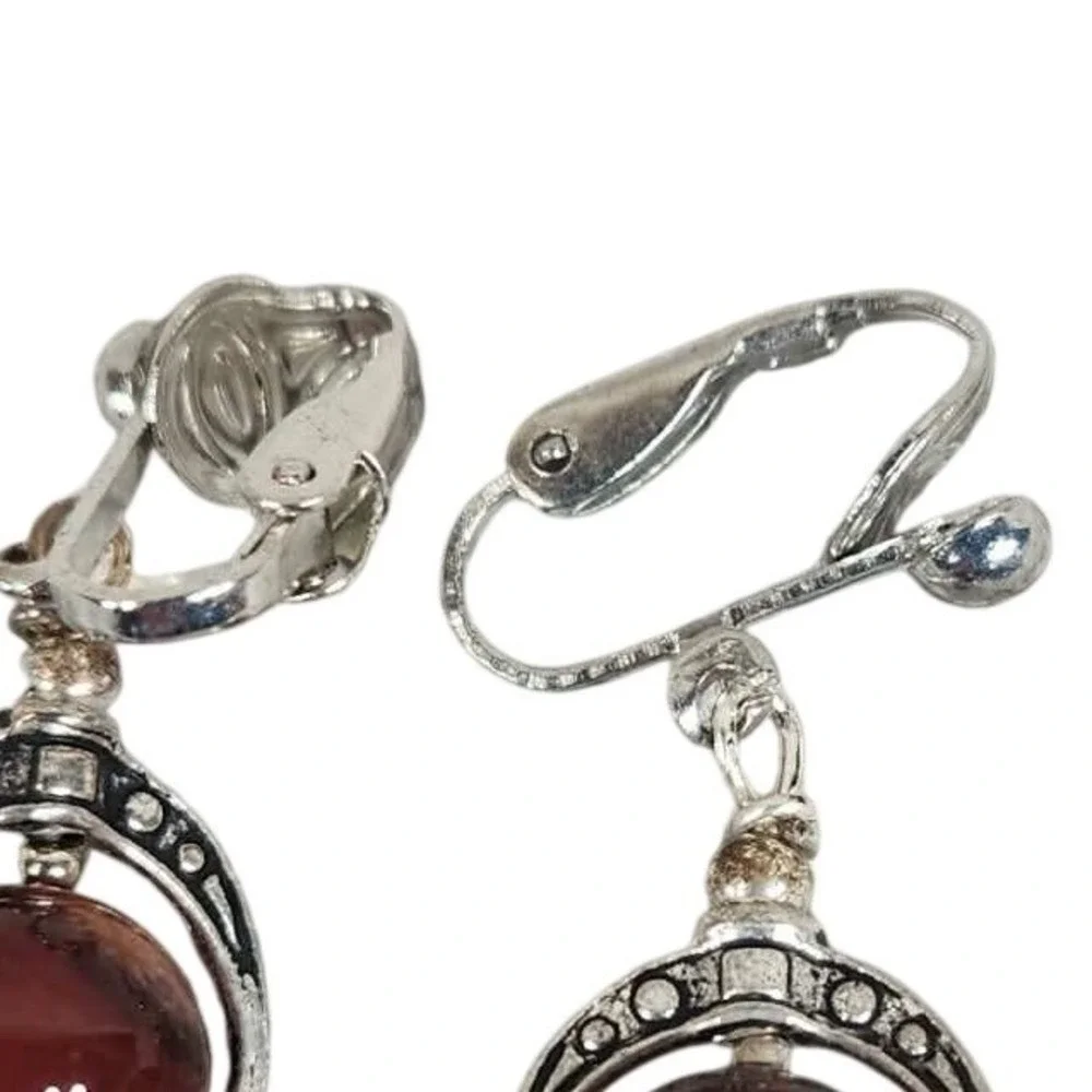 Unbranded‎ Clip On Earrings Red Silver Tone Boho Drop Dangle Women OS
